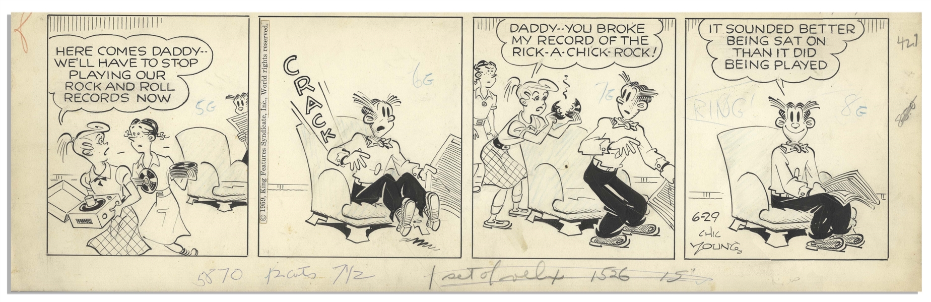 Chic Young Hand-Drawn ''Blondie'' Comic Strip From 1959 Titled ''Sounding Off!'' -- Rock 'n Roll Comes to the Bumstead Home